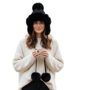 Black Faux Fur Pom-Pom Hat